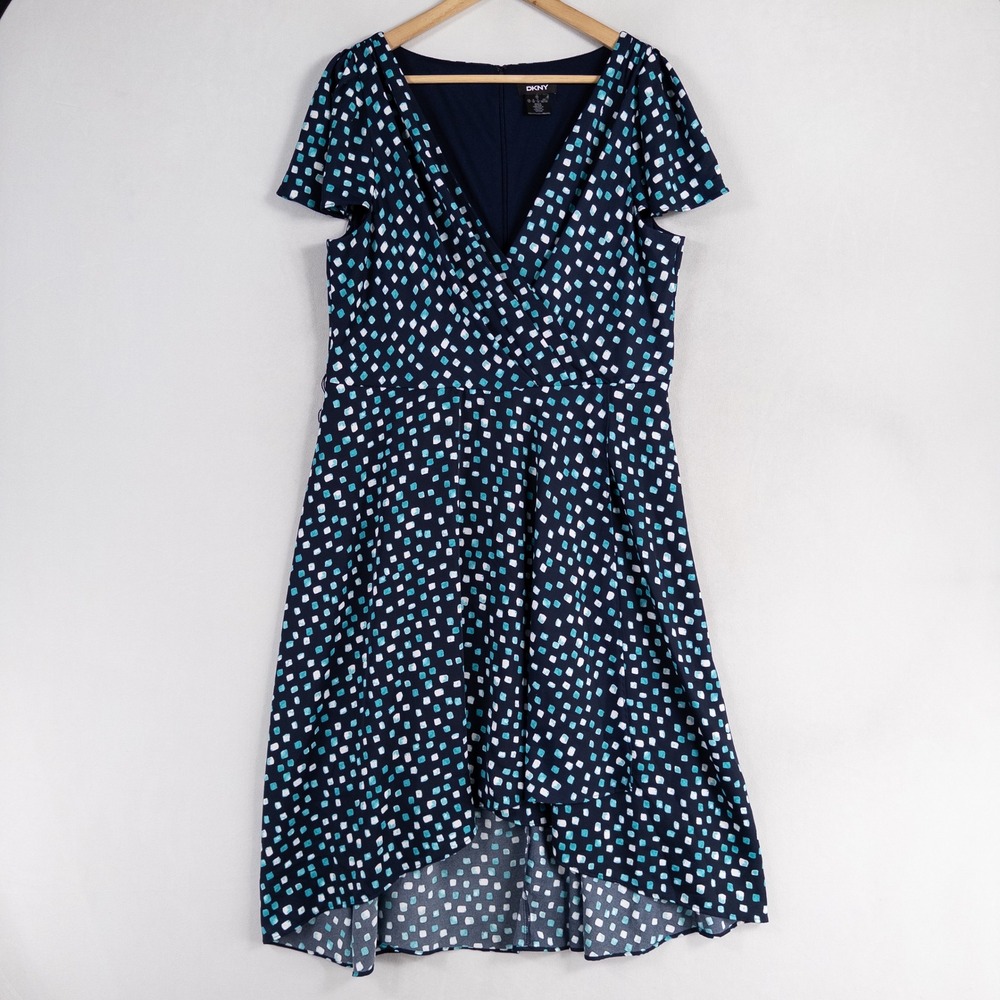 DKNY Midi Dress Sz 16 Blue White Geometric Print Wrap Style Business Casual *